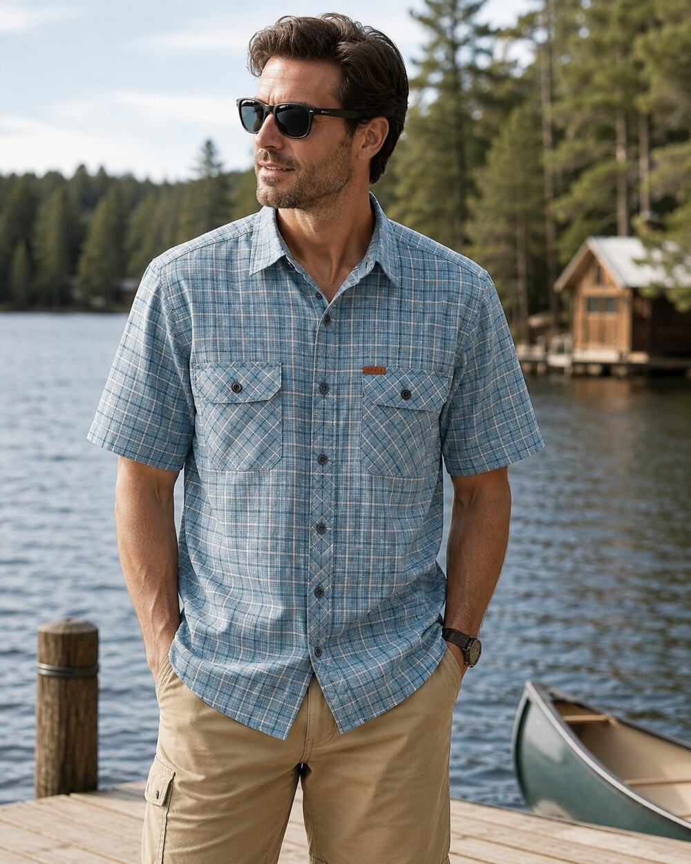 Orvis Classic Collection Mens L Blue Plaid Short Sleeve Shirt Dual Pocket